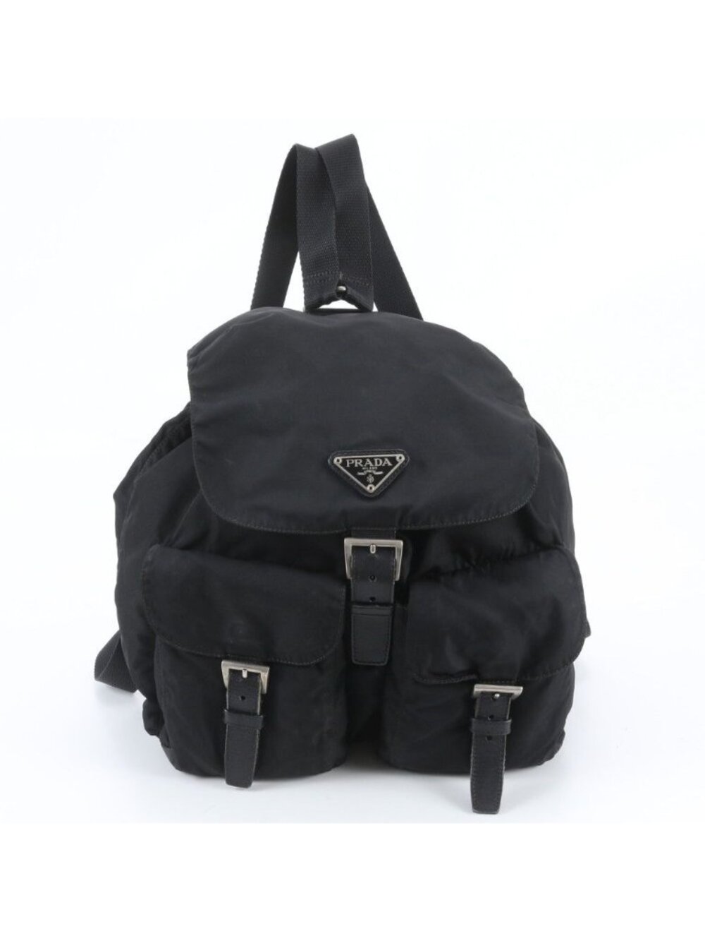 Prada Tessuto Nylon Triangle Logo Leather Backpack Black